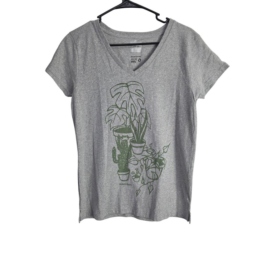 Marushka Recycled Fabric House Plant T‎ Shirt S Womens Gray V Neck Pullover